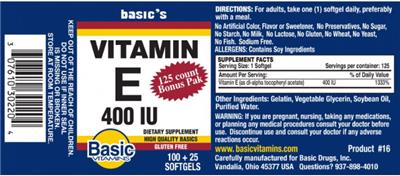Photo of the Basic Vitamins Vitamin E 400 IU label