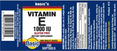 Photo of the Basic Vitamins Vitamin E 1000 IU label
