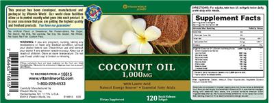 Photo of the Vitamin World Coconut Oil 1,000 mg label