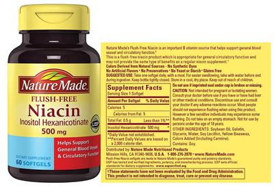 Photo of the Nature Made Flush-Free Niacin 500 mg label
