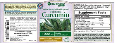Photo of the Vitamin World Double Strength Plus Bioperine Turmeric Curcumin 1000 mg label