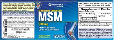 Photo of the Vitamin World Maximum Strength MSM 1500 mg label