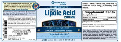 Photo of the Vitamin World Double Strength Alpha Lipoic Acid 200 mg label