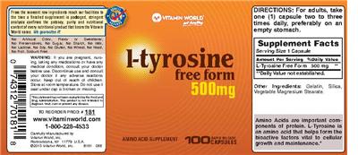 Photo of the Vitamin World L-Tyrosine 500 mg label