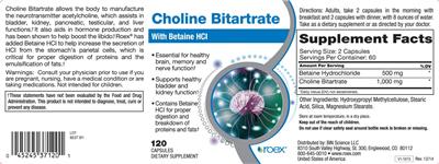 Photo of the Roex Choline Bitartrate with Betaine HCl label