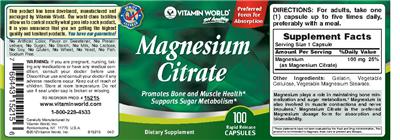 Photo of the Vitamin World Magnesium Citrate label