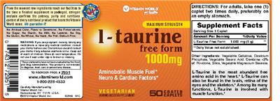 Photo of the Vitamin World Maximum Strength L-Taurine 1000 mg label