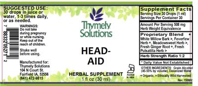 Photo of the Thymely Solutions Head-Aid label