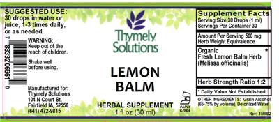 Photo of the Thymely Solutions Lemon Balm label