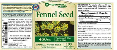 Photo of the Vitamin World Fennel Seed 480 mg label