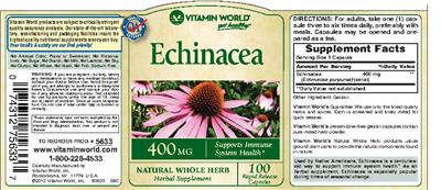 Photo of the Vitamin World Echinacea 400 mg label