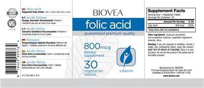 Photo of the BIOVEA Folic Acid 800 mcg label