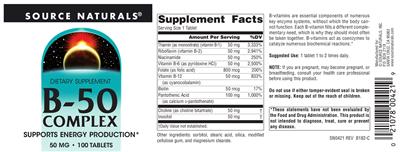 Photo of the Source Naturals B-50 Complex 50 mg label
