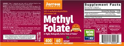 Photo of the Jarrow Formulas Methyl Folate 400 mcg label