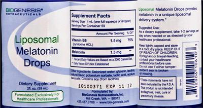 Photo of the BioGenesis Nutraceuticals Liposomal Melatonin Drops label