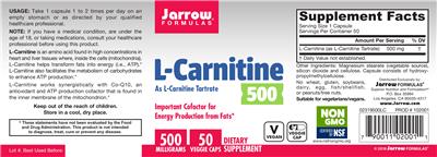 Photo of the Jarrow Formulas L-Carnitine 500 mg label