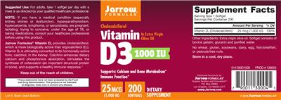 Photo of the Jarrow Formulas Vitamin D3 25 mcg (1000 IU) label