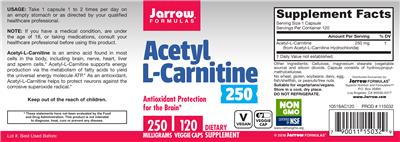Photo of the Jarrow Formulas Acetyl L-Carnitine 250 mg label