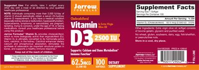 Photo of the Jarrow Formulas Vitamin D3 2500 IU label