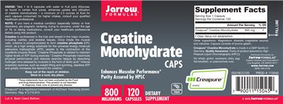 Photo of the Jarrow Formulas Creatine Monohydrate Caps 800 mg label