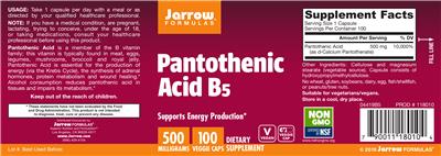 Photo of the Jarrow Formulas Pantothenic Acid B5 500 mg label