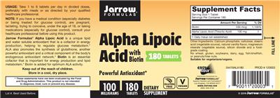 Photo of the Jarrow Formulas Alpha Lipoic Acid 100 mg with Biotin label