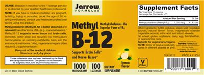 Photo of the Jarrow Formulas Methyl B-12 1000 mcg Lemon Flavor label