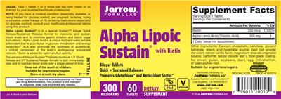 Photo of the Jarrow Formulas Alpha Lipoic Sustain 300 mg with Biotin label