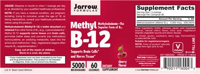 Photo of the Jarrow Formulas Methyl B-12 Cherry Flavor 5000 mcg label