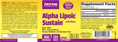 Photo of the Jarrow Formulas Alpha Lipoic Sustain 300 mg with Biotin label