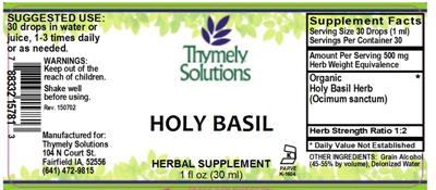 Photo of the Thymely Solutions Holy Basil label