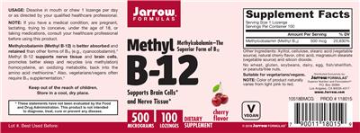Photo of the Jarrow Formulas Methyl B-12 500 mcg Cherry Flavor label