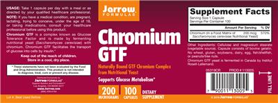 Photo of the Jarrow Formulas Chromium GTF 200 mcg label