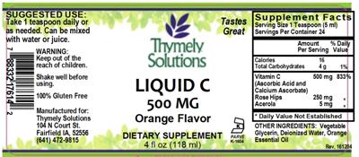 Photo of the Thymely Solutions Liquid C 500 mg Orange Flavor label