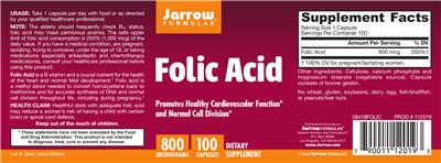 Photo of the Jarrow Formulas Folic Acid 800 mcg label