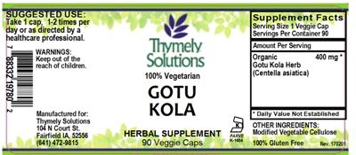 Photo of the Thymely Solutions Gotu Kola label