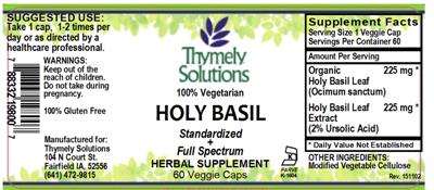 Photo of the Thymely Solutions Holy Basil label