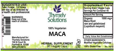 Photo of the Thymely Solutions Maca label