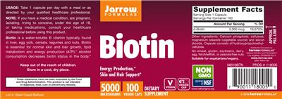 Photo of the Jarrow Formulas Biotin 5000 mcg label