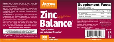 Photo of the Jarrow Formulas Zinc Balance label