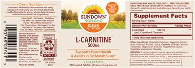Photo of the Sundown L-Carnitine 500 mg label