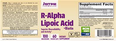 Photo of the Jarrow Formulas R-Alpha Lipoic Acid 100 mg label