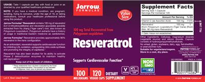 Photo of the Jarrow Formulas Resveratrol 100 mg label