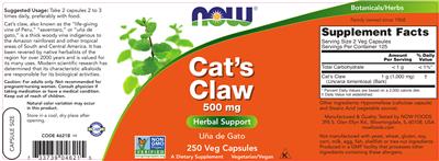 Photo of the NOW Cat's Claw 500 mg label