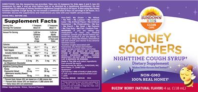 Photo of the Sundown Kids Honey Soothers Nighttime Cough Syrup Buzzin' Berry label