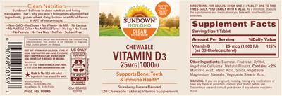 Photo of the Sundown Chewable Vitamin D3 25 mcg 1000 IU Strawberry-Banana Flavored label