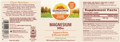 Photo of the Sundown Magnesium 500 mg label