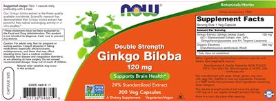 Photo of the NOW Double Strength Ginkgo Biloba 120 mg label