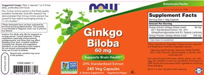Photo of the NOW Ginkgo Biloba 60 mg label