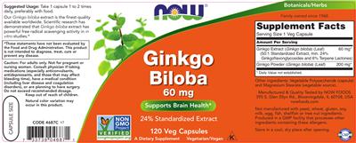Photo of the NOW Ginkgo Biloba 60 mg label